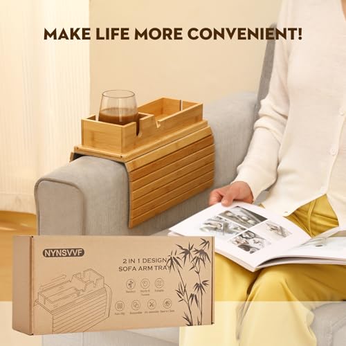 Bamboo Couch Arm Tray with Detachable Cup Holder, 2 in 1 Foldable Anti-Falling Design for Cups, Snacks, Remote, Cellphone