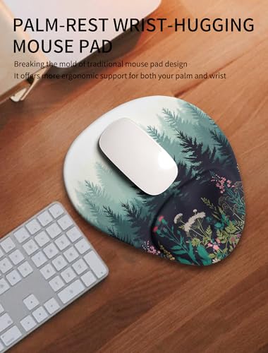 Palm-Rest and Wrist-Hugging Mouse Pad Wrist Rest, Ergonomic Wrist Support with Curve Fitting Cushioned Memory Foam for Carpal Tunnel Pain Relief, 9.9 x 8.3 Inch, Misty Forest - color: Misty Forest