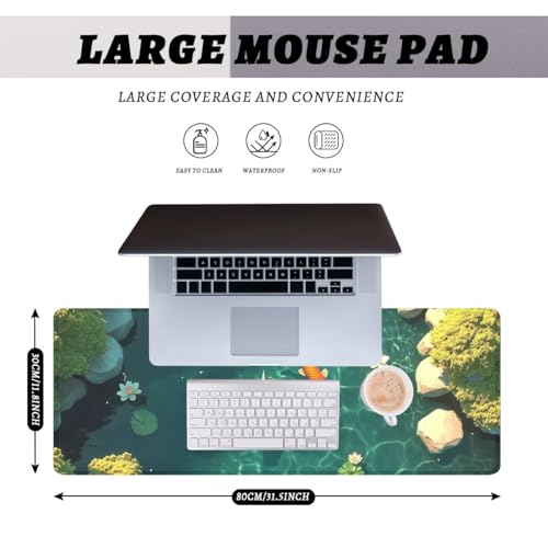 Koi Fish Gaming Mouse Pad 3D Carp Pond Lotus Leaf Swimming Mousepad Extended Large Laptop Keyboard Non-Slip Rubber Base with Stitched Edges for Home 31.5x11.8 in - color: Koi Fish, size: 31.5L x 11.8W inches