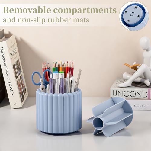 Anyoifax 360° Rotating Pen Holder 7 Slots Desk Organizer Removable Pencil Cup Plastic Art Supplies and Accessories Desktop Storage Box Caddy for Office, School, Home (Blue) - color: Blue, size: Small