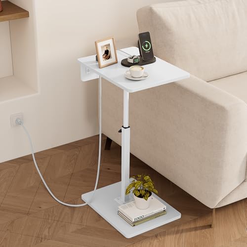 C Shaped End Table with Charging Station, Adjustable Height C Table End Table, 360°Swivel TV Tray Table for Small Spaces, Rounded Corners Couch Table, Side Tables Living Room for Sofa,Chair,Snack,Bed - color: White