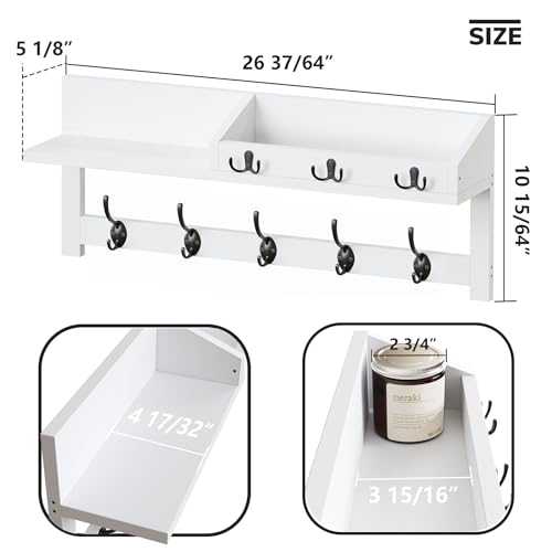 AMBIRD Wall Hooks with Shelf, 26.57 Inch Entryway Wood Coat Hooks for Wall, Coat Rack Wall Mount with 5 Dual Hooks 3 Key Hooks Mail Organizer and Key Rack Holder (White) - color: White, size: 26.57" L