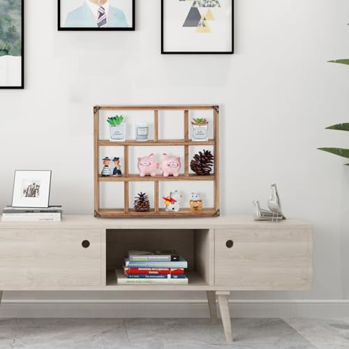 17.7x15.7-Inch Shadow Box Shelf 9-Slot Rustic Wood Floating Shelves Larger Shelf Lightweight Solid Wood Display(Set of 2,9C-Brown) - color: 9c-brown, size: 2 PCS