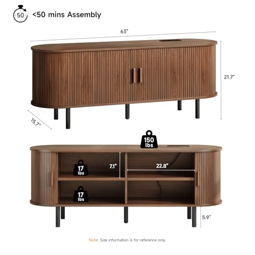 ONBRILL 63" TV Stand with Power Outlet for TVs up to 70 Inch, Entertainment Center with Storage and Adjustable Shelves, Modern Media Console with Sliding Doors for Living Room, Walnut - color: Walnut, size: 63 Inch