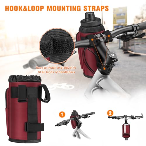FINPAC Cup Holder for Bike, Universal Water Bottle Holder with Phone Pockets for Stroller Walker Golf Cart Rollator and Scooter, Outdoor, Biking - Burgundy - color: Burgundy