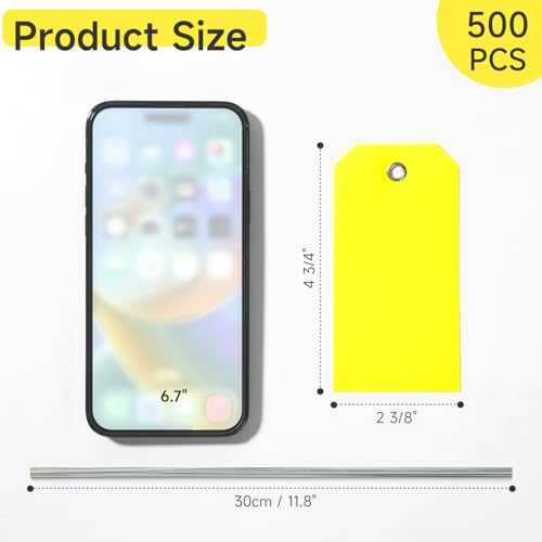 500 Pieces Plastic Shipping Tags with Wire Waterproof Hang Tags Heavy Duty Labeling Tags with String Wires Tags Labels Labeling Tags Stacking Tags for Equipment Car Parts (Yellow, 4 3/4 x 2 3/8) - color: Yellow, size: 4 3/4 x 2 3/8