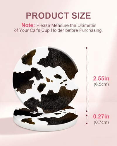 Swooflia Car Coasters for Women - Classic Brown Cow Print Car Cup Coasters Absorbent Cup Holder Coasters for Car 2 Pcs Ceramic Car Cupholder Coaster with Cork Base Car Interior Accessories - color: Gradient Brown Cow Print
