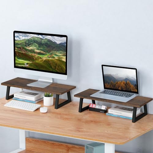 TEAMIX 24 inch Monitor Stand Riser, Rustic Brown Wood & Steel Computer Monitor Stand with Storage, Laptop, PC, Printer Stand Riser for Desktop Office Desk Organizers - color: Brown