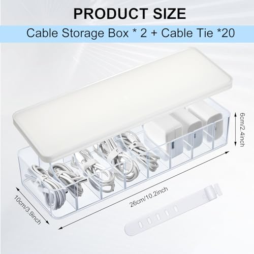 Tatuo 2 Pcs Cable Organizer Box with Wire Ties, Plastic Cord Storage Box with Lid, Electronics Organizer for Home Office Desk Organizers and Accessories (Clear,White) - color: Clear, White