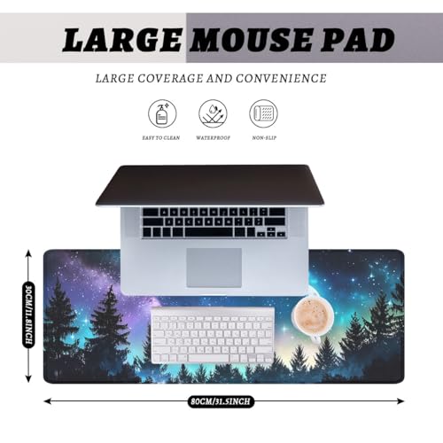 Night Sky Gaming Mouse Pad Moon Starry Sky Stars Galaxy Forest Large Desk Mat with Stitched Edges,Non-Slip Waterproof Rubber Base Mouse Mat 31.5 x 11.8 Mouse Pads for Desk Home Office Gaming - color: Night Sky, size: 31.5" x 11.8"