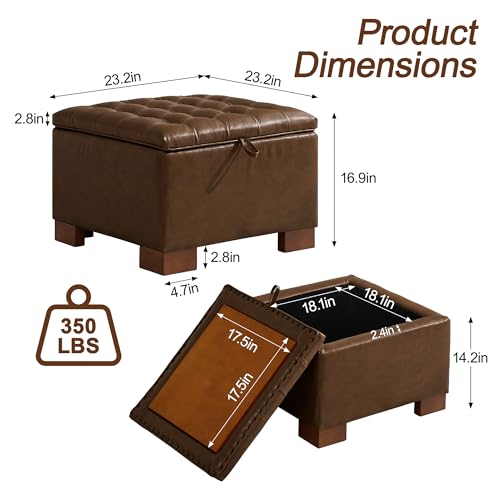 WUTUTUEE 24" Faux Leather Square Storage Ottoman with Wooden Tray, Modern Tufted Button Footstool Coffee Table, Upholstered Small Ottoman for Living Room, Bedroom, Coffee - color: Coffee-pu, size: 24 Inch