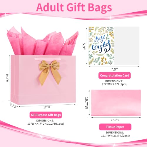 Powbrace Pink Bags with Handles, 13" Medium Gift Bag Set - 1 Gift Bag with Bow, 2 Tissues & Greeting Card for Wedding Baby Shower Fathers Day Mothers Day Birthday Party - color: 1Pcs Bright Pink Glossy – General Purpose, size: 1 count (Pack of 1)