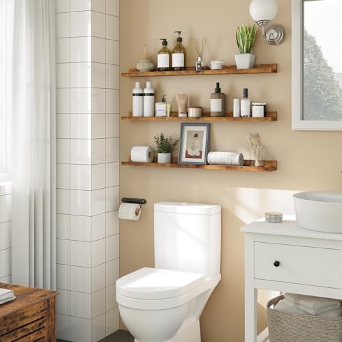 HOOBRO Floating Shelves, Wall Shelf Set of 3, 35.4 Inches Hanging Shelf with Raised Edge and Invisible Brackets, for Bathroom, Bedroom, Kitchen, Office, Living Room Decor, Rustic Brown BF90BJ01 - color: Rustic Brown, size: 35.4 Inches