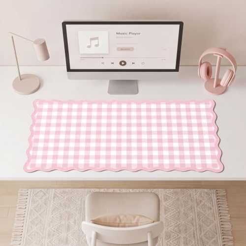 Checkered Dark Pink Scalloped Mouse Pad,Cute Kawaii Gingham Large Desk Mat Non-Slip Rubber Base,Aesthetic Decor Gaming Computer Desk Pad for Office Mouse Keyboard Pad, 31.5" x 15.7", XL - color: Checkered Dark Pink