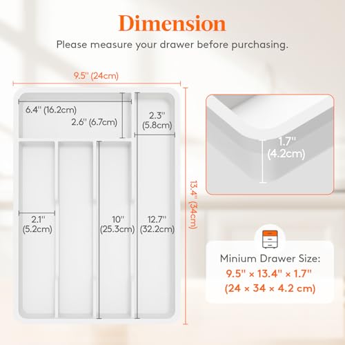Lifewit Silverware Drawer Organizer Tray, Plastic Cutlery Storage for Kitchen, Flatware and Utensil Holder Divider for Spoons Forks Knives Tableware, 9.5 x 13.4", 5 Slots, White - color: White, size: 9.5 x 13.4 inch (5 Slots)