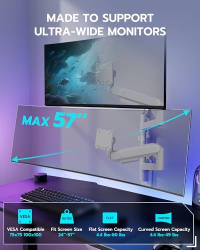 ARES WING Dual Monitor Wall Mount for 24-57 Inch Ultrawide Screens, Premium Heavy Duty Monitor Arm Holds 60 lbs, Full Motion Gas Spring, Bearing Head for Easy Adjustment, 75/100 VESA Mount, White - color: White, size: Dual Monitor Arm