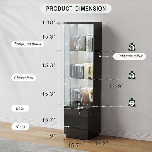 Lvifur Lockable Curio Display Cabinet with Glass Door,65" Lighted Curio Cabinet with 3 Color Lights for Collectibles,3-Tier Glass Display Case with Human Body Sensor for Living Room,Black - color: Black-65"