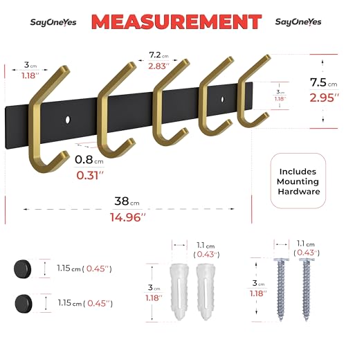 Coat Rack Wall Mount – Black and Gold Hook Rail with 5 Double Coat Hooks, 15 Inch Stainless Steel Wall Hooks for Entryway, Bathroom, Bedroom, Closet, Towel, Hat, Bag, Heavy Duty Organizer - color: Black + Gold, size: 5 Hooks - 1 Pack