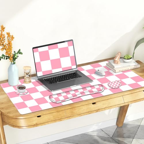 Pastel Pink White Checker Mouse Pad Set, 4 in1 Ergonomics Keyboard Desk Mat with Memory Foam Wrist Rest, Extended Game Mousepad, Non-Slip Large Gaming Desk Pad Matt Easy Typing Pain Relief - color: Pastel Pink White Checker