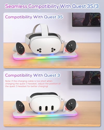 Charging Dock for Meta Quest 3S/3, Kinwin Magnetic Charging Station for Oculus Quest 3S/3 Accessories with RGB Light, Charging Stand for VR Headset & Controller with 2 Rechargeable Batteries (White) - color: White