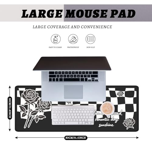 Checkerboard Rose Gaming Mouse Pad Emo Aesthetic Art Large Desk Mat with Stitched Edges,Non-Slip Waterproof Rubber Base Mouse Mat Office Computer Keyboard Laptop 31.5"x11.8" - color: Checkerboard Rose