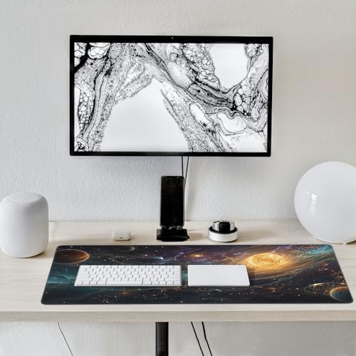 Extended Gaming Mouse Pad,XXL Extended Gaming Keyboard Mat, Solar System Universe Design, Laptop Desk Protector 35.4 x 15.7 Inches, Rubber Material, Anti-Slip Base, Rectangular Shape, Stitched Edges - color: Solar System Universe