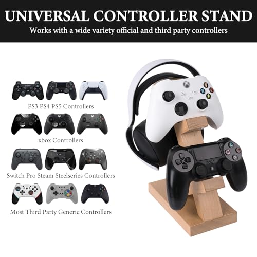GEEKRIA Solid Wood Dual Gamepad and Headphone Stand, Controller Storage Holder for PS4, PS5, Xbox, Switch, 8BitDo, Universal Desk Game Accessories (Light Brown) - color: Light Brown