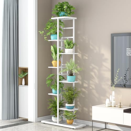 LINZINAR Plant Stand Metal Indoor Outdoor 8 Tier 9 Potted Multiple Flower Pot Holder Shelf Indoor Outdoor Planter Display Shelving Unit for Patio Garden Corner Balcony Living Room - color: White, size: 8 Tier-9 Potted