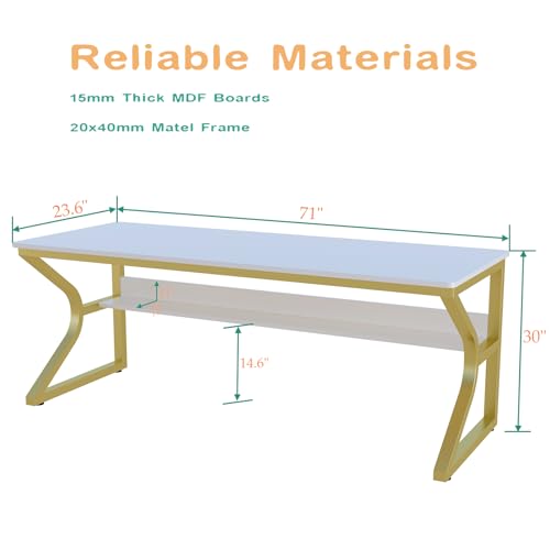 OSCHF Extra Long Desk with Bookshelf - 71" Double Long Writing Table for 2-Person Workstation, Modern Study Work Computer Desk for Home and Office, Gold - color: Gold + White, size: 71x23.6 inch