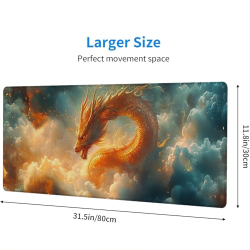 Fantasy Dragon Gaming Mouse Pad Desk Pad 31.5 x 11.8 Inch Flying Auspicious Clouds Flames Large Gaming Mouse Mat with Stitched Edges,Non-Slip Waterproof Rubber Base Mous Mat - color: Fantasy Dragon, size: 11.8W x 31.5L inches