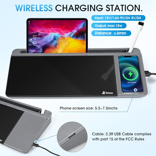 Varhomax Glass Desk Whiteboard with Wireless Charger, Desktop Organizer Dry Erase White Board with Storage, to Do List Memo Notepad for Home Office and School Supplies (Gray & Black) - color: Wireless Charger-gray & Black