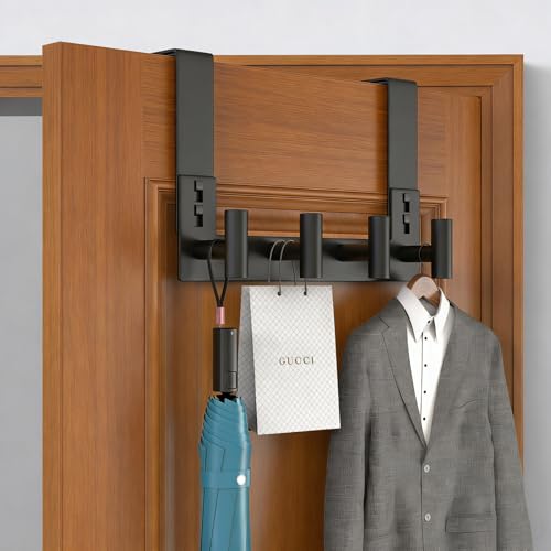 PMMASTO Over The Door Hooks, Fits 1-3/4" Thick Door No Drill Hooks for Closet Bathroom Bedroom Organization, Hanger for Coat Towel Robe (Black, 4 T-Hooks) - color: Black, size: 7.5 Inch-4 T-Hooks, Fits 1-3/4" Thick Door