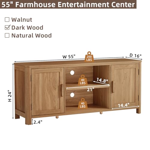 Joaxswe Farmhouse 55" Tv Stand,Dark Wood Entertainment Center with Adjustable Shelves & 2 Door Storage,Wooden Media Console Cabinet for TVs Up to 65 inches, Rustic Tv Stands for Living Room,Bedroom - color: Dark Wood