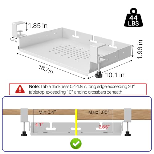 BYMECOST No Drill Under Desk Storage Shelf, Metal Under Desk Drawer Organizer with Clamp, Mount Under Desk Shelf Adds Tray, Desk Drawer for Office Desks, Table, Gaming Desk, Workstations (White) - color: White