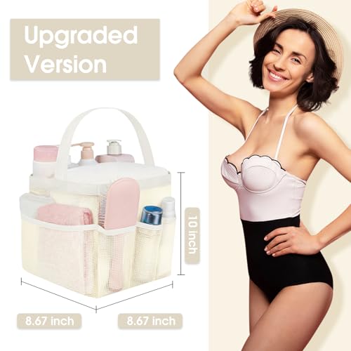 Attmu Mesh Shower Caddy Portable for College Dorm Room Camping Essentials, Shower Caddy Dorm with 9-Pockets, Large Capacity Hanging Basket Bathroom Bag for Toiletry, Swimming, Gym, Camp, Beach - color: beige