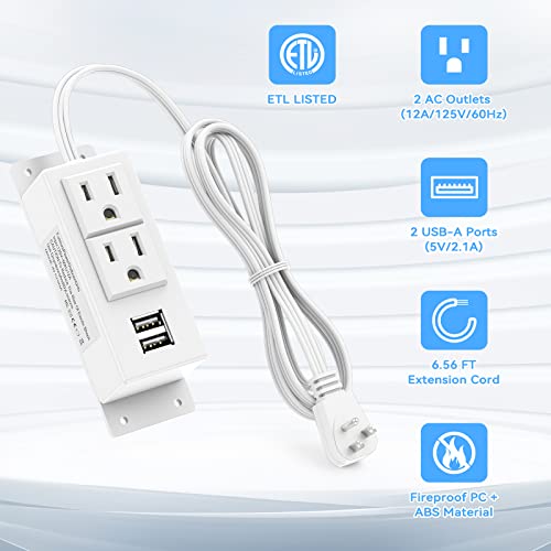 Kungfuking Power Strip with USB, Wall Mountable Socket Surge Protector Power Strip with 2 AC Outlets and 2 USB Charging Ports White Extension Cord 6.56 FT, Flat Plug - color: White-2AC+2USB