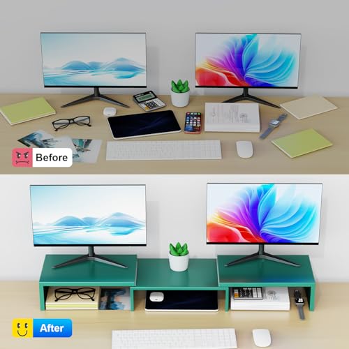 Dual Monitor Stand for Desk, Metal Computer Stand, Desk Shelf Riser,Desktop Organizer for Home and Office Use (Green) - color: Green
