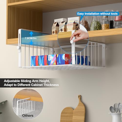 AmonHouseware 2 Pack Hanging Under Shelf Storage Basket,Adjustable Under Cabinet Add-on Storage Racks Slide-in Baskets Organizer for Laundry Room Kitchen Pantry Desk Bookshelf, White - color: White