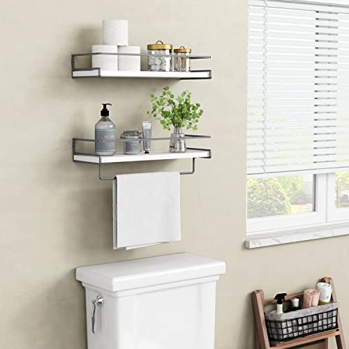 Forbena White Floating Shelves for Bathroom Organizer Over Toilet, Bathroom Shelves Wall Mounted with Towel Rack, Corner Wall Shelf for Bedroom Decor Kitchen Storage (White-Dark Grey, Set of 2) - color: 2. White-dark Grey
