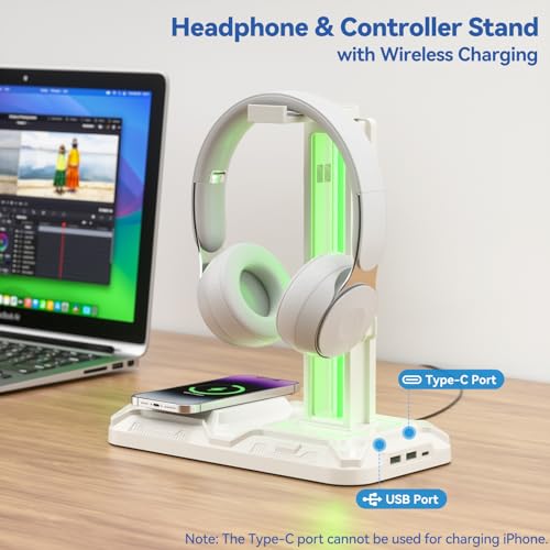 KDD RGB Headphone & Controller Stand with Wireless Charging - Rotatable Headset Stand with 9 Light Modes - Controller Holder with 2 USB and Type C Ports - for Gamers Desktop Accessories(White) - color: White