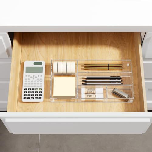 HBlife Acrylic Desk Drawer Organizer Tray with 6 Compartments, Small Clear Office Drawer Organizers and Accessories for Pens, Pencil, Makeup, Desktop, Bathroom and Kitchen, 11.65 x 6.1 x 1.38 Inch
