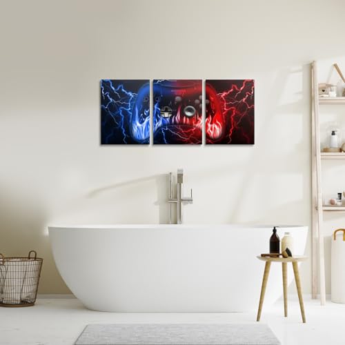 Feelyou Kids Gamer Canvas Wall Art 12" x 16" 3 Piece Gaming Office Wall Artwork Posters for Teens Adults Red and Blue Game Controller Bathroom Wall Art for Home Lightning Geometric Wall Painting - color: Blue and Red Black1