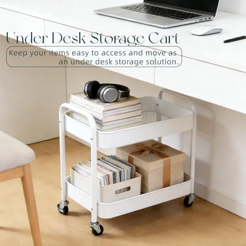 2 Pack Two Tier Rolling Cart with Wheels Small Pantry Floor Organizer Under Desk Storage Metal Short Utility Cart for Small Space, Kitchen Shelf Laundry Room Bathroom Organization, White - color: White, size: 2-tier 2pc