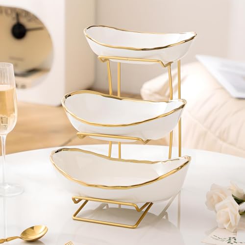 Gold Silver Fruit Bowl with Metal Stand, 3 Tier Ceramic White Fruit Bowl Fruit Rack for Kitchen Counter, Tiered Fruit Basket for Snacks Bread Candy Storage (White A (Smooth Surface)) - color: White A (Smooth Surface)