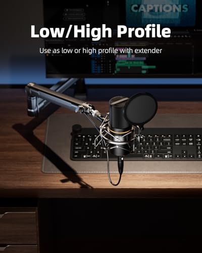 TODI Mic Stand Desk, Low/High Profile Mic Arm Bear 4.5LBS with Extension Riser, Adjustable All Metal Desk Microphone Stand with Cable Channel, Boom Arm Mic Stand with 3/8'' 5/8'' Interface - color: Metal Black