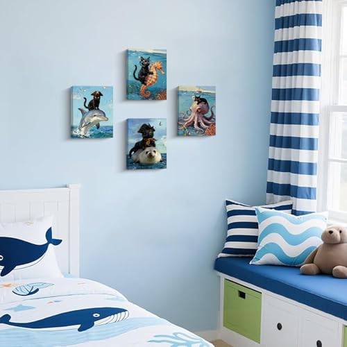Framed Cat Bathroom Wall Art,Black Cat Ocean Adventure Canvas Poster,4 Pieces Nautical Pirate Cat with Seahorse Manatee Dolphin Octopus Pictures Wall Decor Artwork for Bathroom Home Decor (8”x10” ) - color: 8x10inch(framed) Cat Bathroom Canvas Wall Art Pr
