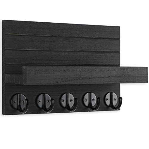 Lwenki Key Holder for Wall, Decorative Key and Mail Holder with Shelf Has Large Hooks for Bags, Coats, Umbrella – Paulownia Wood Key Hanger with Mounting Hardware (9.8”W x 6.7”H x 4.2”D) - color: Black