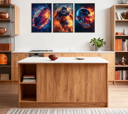 3Pcs Football Wall Art Graffiti Rugby Cool Sports Theme Pictures Paintings Wall Decor Fire American Football Player Posters Prints for Kids Boys Room School Locker Room Decoration 16x24in Unframed - color: Athlete Poster, size: 24L"x16W"