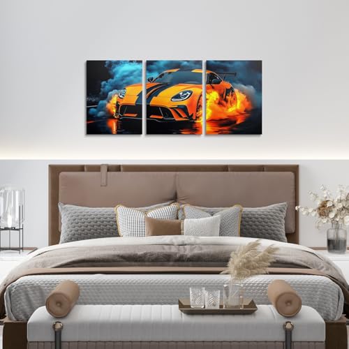 Erosebridal Kids Boys Race Car Canvas Wall Art Set of 3,Orange Sports Car Wall Art for Teens Racing Cars Cool Sports Game Decor Modern Race Cars for Boys,Black Blue,12x16 - color: Blue Orange