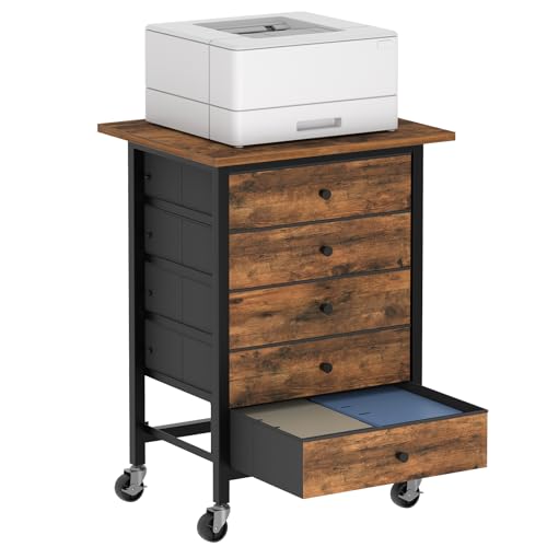 MAHANCRIS 5 Drawer File Cabinet,Rolling Filing Chest Cabinet with Wheels, Under Desk Storage Organizer, Printer Stand with Non-Woven Fabric Drawer, for Home Office, Study, Rustic Brown FCHR4801 - color: Rustic Brown, Black